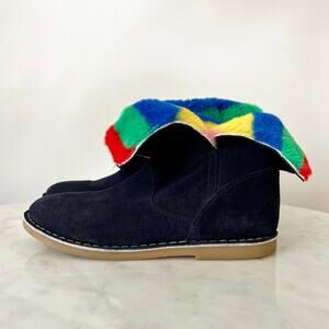 Mini Boden Black Suede Ankle Boots with Multi Colored Striped Faux Fur Lining